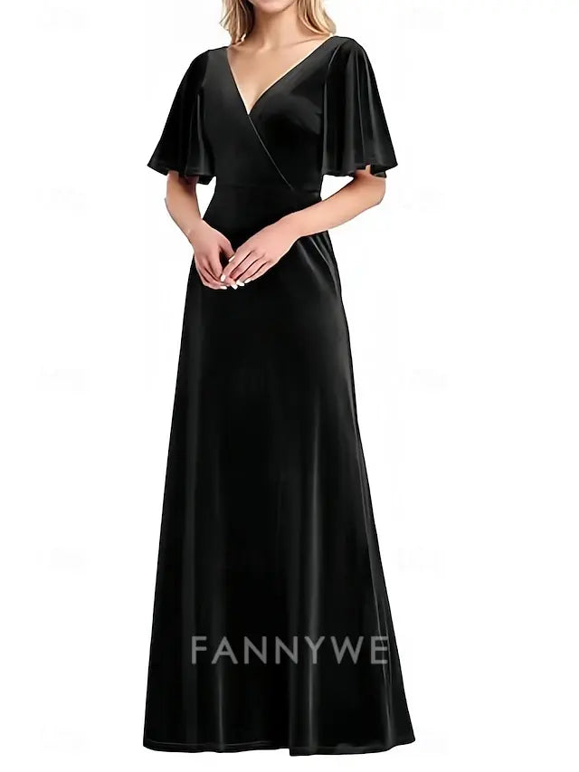 FannyWe Simple A-Line Prom Dresses Elegant Dress Party Wear Prom Floor Length Short Sleeve V Neck Velvet with Criss Cross
